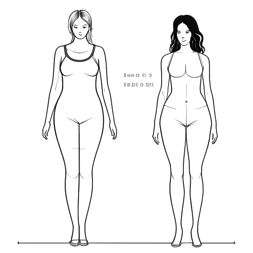 Desenho de linha de uma mulher, representando Mikaela Testa, com estatísticas de medidas corporais antes e depois exibidas em uma tela próxima.