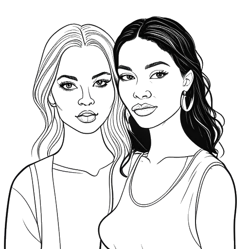 Desenho de linha de duas mulheres, representando Mikaela e Brianna Testa, posando juntas como modelos.