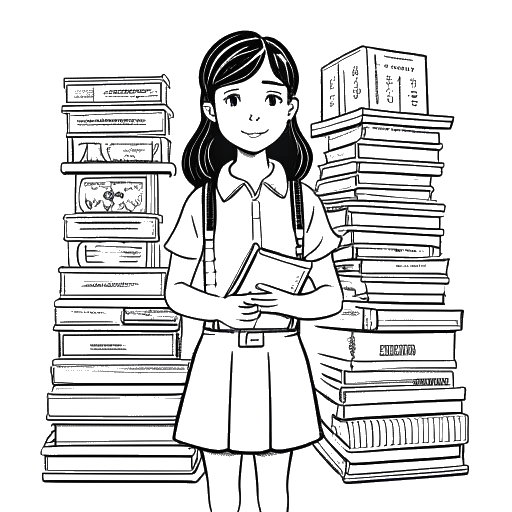 Lijntekening van een jong meisje, dat Mikaela Testa voorstelt, in een schooluniform, omringd door boeken en een schoolgebouw.