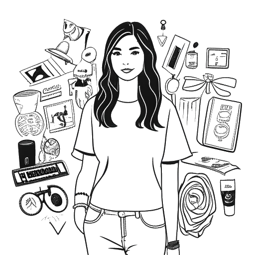 Strichzeichnung einer Frau, die Mikaela Testa repräsentiert, posierend mit verschiedenen Kleidungsstücken, mit Sozialen-Medien-Logos im Hintergrund.