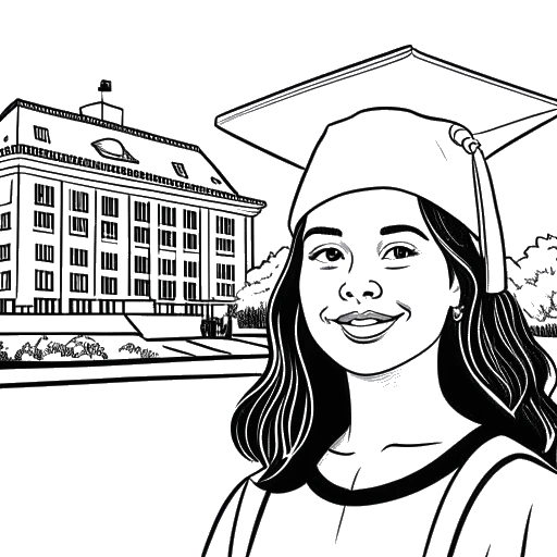 Desenho de linha de uma mulher, representando Mikaela Testa, usando um chapéu de formatura e segurando um diploma, com um campus universitário ao fundo.
