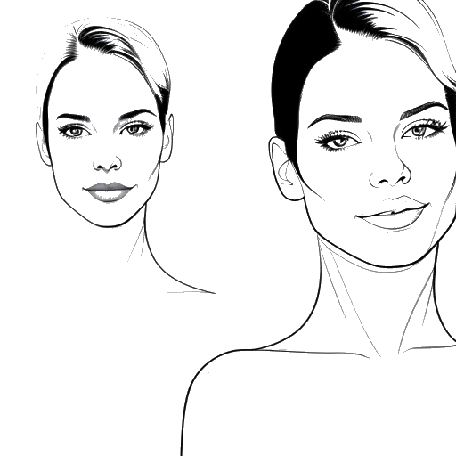 Desenho de linha de uma mulher, representando Mikaela Testa, com imagens antes e depois de seus procedimentos estéticos exibidos em uma tela próxima.