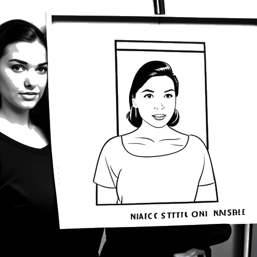 Disegno in stile line art di una donna, che rappresenta Mikaela Testa, tiene un cartello con scritto 'no', con foto prima dell'intervento chirurgico visualizzate su uno schermo nelle vicinanze.