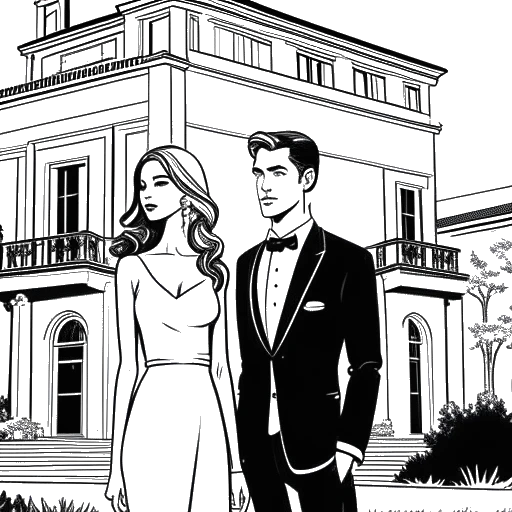 Dibujo de línea de una mujer, representando a Mikaela Testa, parada afuera de una lujosa mansión, con un hombre, representando a su exnovio, al fondo.