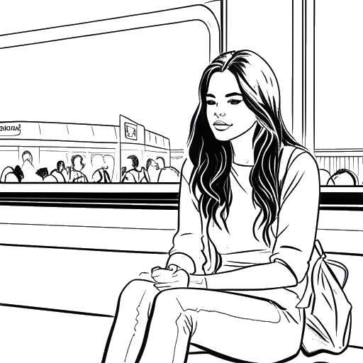Disegno in stile line art di una donna, che rappresenta Mikaela Testa, seduta ad un gate dell'aeroporto, con un logo di OnlyFans visualizzato su uno schermo nelle vicinanze.