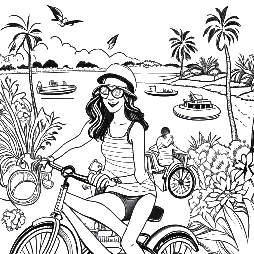 Desenho de linha de uma mulher, representando Mikaela Testa, participando de várias atividades, incluindo comer, moda, ciclismo e tirando selfies, com uma ilha tropical ao fundo.
