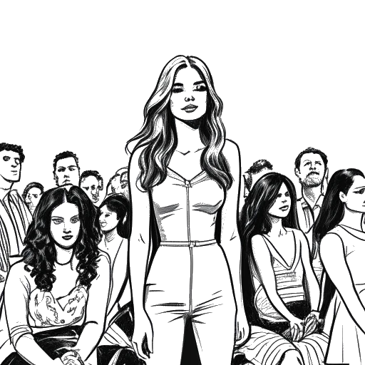 Line art drawing of a teenage girl, representing Mikaela Testa, on a stage at a modeling competition, with other contestants in the background.