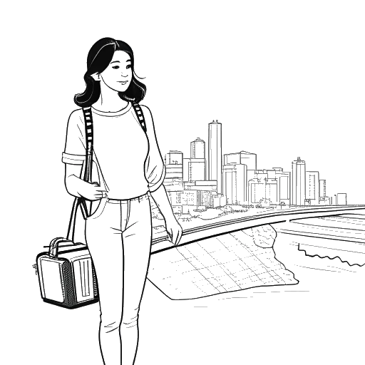 Line art drawing of a woman, representing Mikaela Testa, standing with luggage in front of a map showing Perth and the Gold Coast.