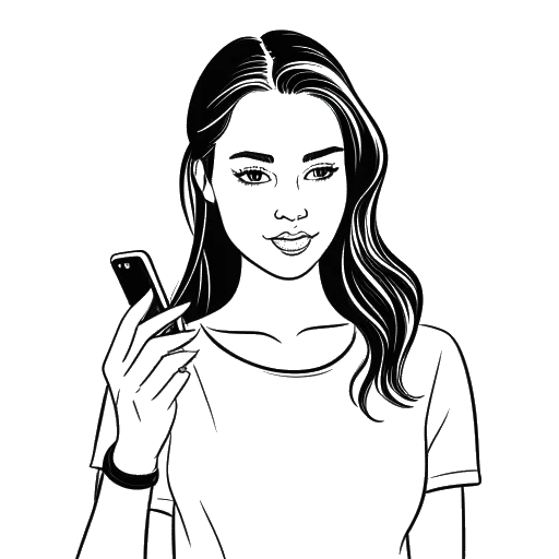 Line art drawing of a woman, representing Mikaela Testa, holding a smartphone displaying her Instagram and OnlyFans statistics.