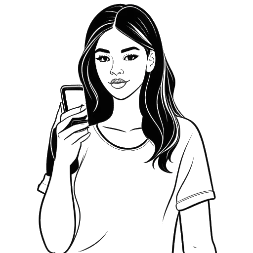Dessin en ligne d'une femme, représentant Mikaela Testa, tenant un smartphone avec les logos TikTok et OnlyFans affichés à l'écran.