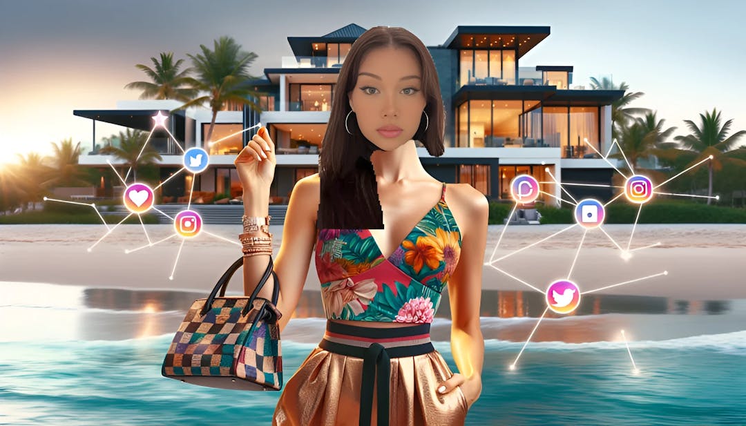 Mikaela Testa, portrayed as a model with a bald head, in a chic beach outfit with a designer bag, against a backdrop of a Gold Coast mansion and tropical scenery