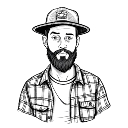 Line art of a man, evocative of KreekCraft, outfitted in his recognizable red flannel and cap, with nuances of his personal interests and his broadened community connections.