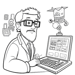 Dibujo lineal de un hombre, representando a KreekCraft, enfocado en crear mods de Minecraft, con un mod de Doctor Who como pieza central, significando su video viral de éxito.