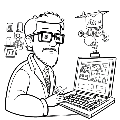 Line drawing of a man, representing KreekCraft, focused on crafting Minecraft mods, with a Doctor Who mod as the centerpiece, signifying his breakthrough viral video.