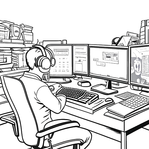 Dessin en noir et blanc d'un homme, représentant KreekCraft, portant un casque et assis à un bureau avec plusieurs écrans montrant du gameplay Roblox. Il est entouré de piles d'argent et de symboles d'investissement, symbolisant ses activités entrepreneuriales et son succès financier, le tout sur un fond blanc.
