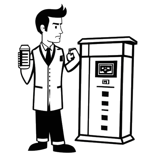 Line art drawing of a man representing KreekCraft, holding a TARDIS with a Minecraft logo in the background.