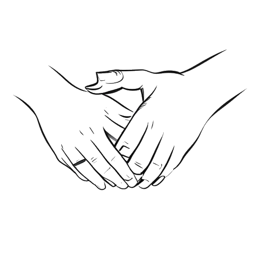 Line art drawing of a man and a woman representing KreekCraft and Kayla, holding hands with an engagement ring on the woman's finger.
