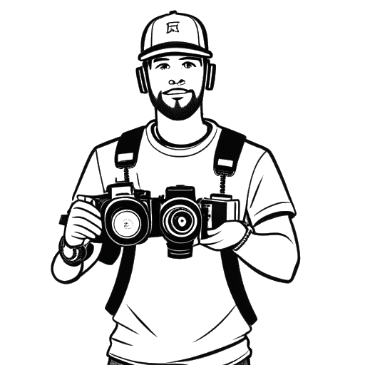 Line art drawing of a man representing KreekCraft, holding two video cameras with a Fortnite logo in the background.