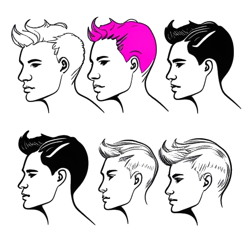 Line art drawing of a man representing KreekCraft, with four different hairstyles, including blonde and pink.
