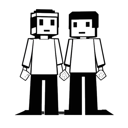 Line art drawing of two men representing KreekCraft and tubbo, standing together with a Minecraft logo in the background.