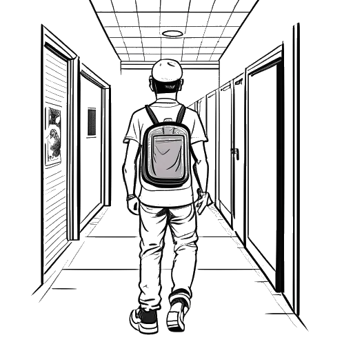 Line art drawing of a man representing KreekCraft, wearing a World of Warcraft t-shirt and a backwards cap in a high school hallway.