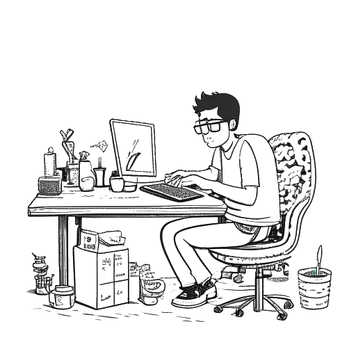 Desenho em arte linear de um homem representando KreekCraft, trabalhando em um computador cercado por mods de Minecraft e xícaras de café.