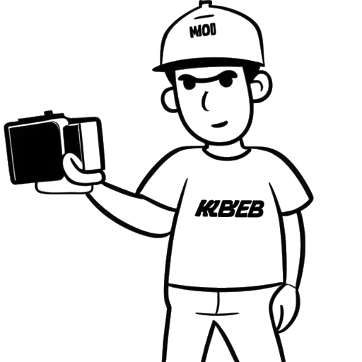 Dessin en ligne d'un homme représentant KreekCraft, tenant une caméra vidéo avec un logo Roblox et un texte 'Kreeky' en arrière-plan.