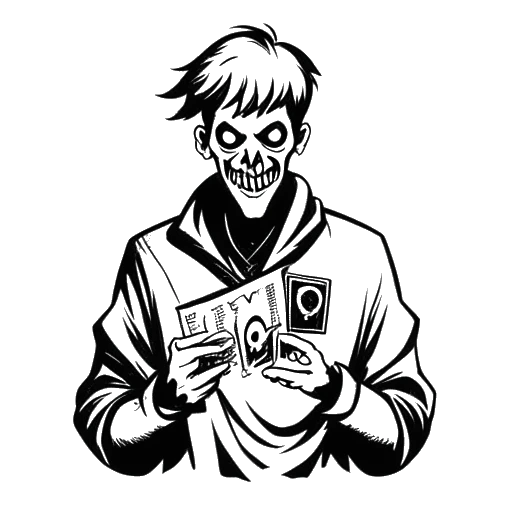 Line art drawing of a man representing KreekCraft, holding a TIMMEH game logo with a horror game theme in the background.