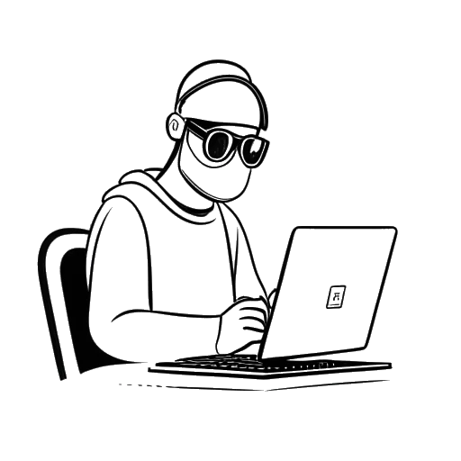 Desenho em arte linear de um homem representando KreekCraft, usando uma máscara facial e trabalhando em um computador com um logo da COVID-19 ao fundo.