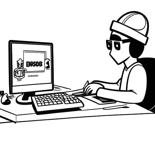 Line art drawing of a man representing KreekCraft, playing a game on a computer with a Roblox logo and a Phantom Forces game icon in the background.