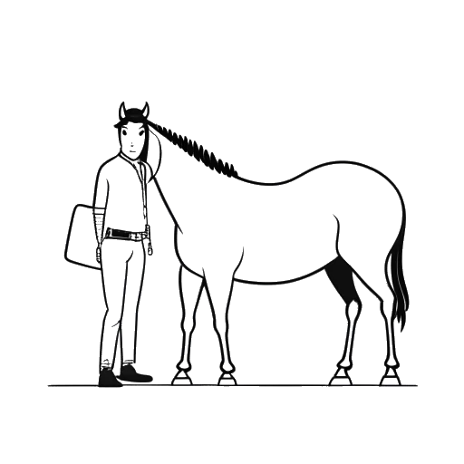 Desenho em arte linear de um homem representando KreekCraft, ao lado de um cavalo com um logo do YouTube ao fundo.
