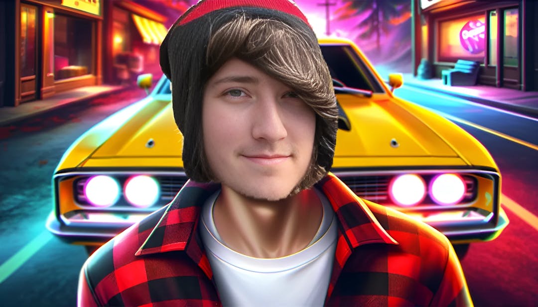 KreekCraft (Forrest Tucker Waldron), a popular online personality and gamer, featured in a captivating video thumbnail. The image showcases a bald, light-skinned individual dressed in a stylish red and black plaid shirt, with a black beanie and slightly long hair swept to one side. They are looking confidently into the camera, with a bright yellow car with an open hood in the background. The vibrant colors and dynamic composition reflect KreekCraft's energetic and gaming-focused persona.