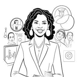 Dibujo de una mujer que representa a Katie Sigmond, rodeada de símbolos de emprendimiento como una portada de revista, productos de marca y un gráfico de beneficios en ascenso.
