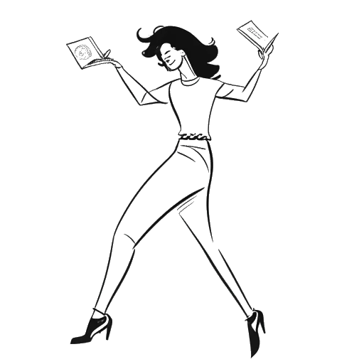 Lijntekening van een vrouw die Katie Sigmond vertegenwoordigt, dansend terwijl ze een smartphone en een stapel bankbiljetten vasthoudt, wat staat voor verschillende inkomstenkanalen.