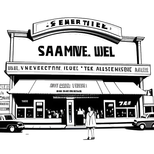 Disegno in stile line art di una donna, rappresentante Katie Sigmond, in piedi di fronte a un cinema con i titoli dei film 'Salim the Dream' e 'Nelk Boys' mostrati sulla facciata.
