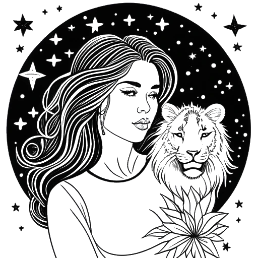 Lijntekening van een vrouw, die Katie Sigmond voorstelt, die een leeuwenfiguur vasthoudt met een sterrenhemel en astrologische symbolen op de achtergrond.
