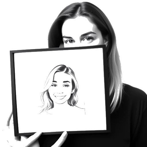 Line art drawing of a woman, representing Katie Sigmond, holding a framed picture of her ex-boyfriend Caden.