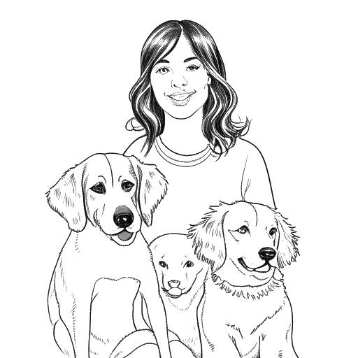 Desenho em arte linear de uma mulher, representando Katie Sigmond, segurando dois cachorros, sendo um chamado Bailey.