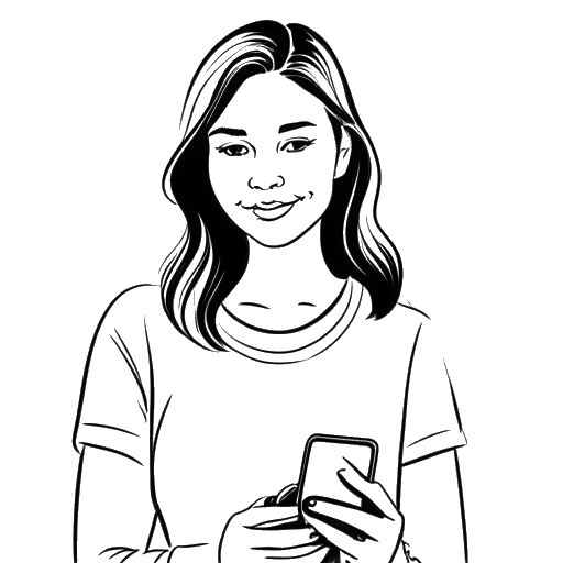 Desenho em arte linear de uma mulher, representando Katie Sigmond, segurando um smartphone com amigos ao fundo.