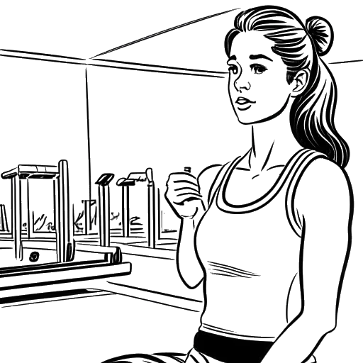 Desenho em arte linear de uma mulher, representando Katie Sigmond, malhando em uma academia.