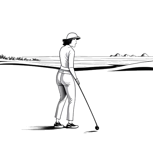 Line art drawing of a woman, representing Katie Sigmond, golfing at a famous golf course.