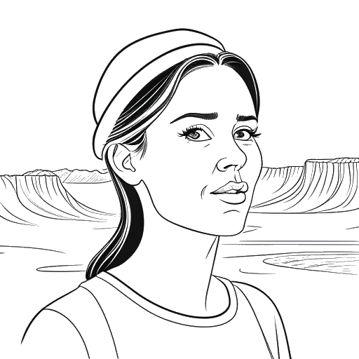 Desenho em arte linear de uma mulher, representando Katie Sigmond, com expressão surpresa, tendo o Grand Canyon e uma bola de golfe ao fundo.