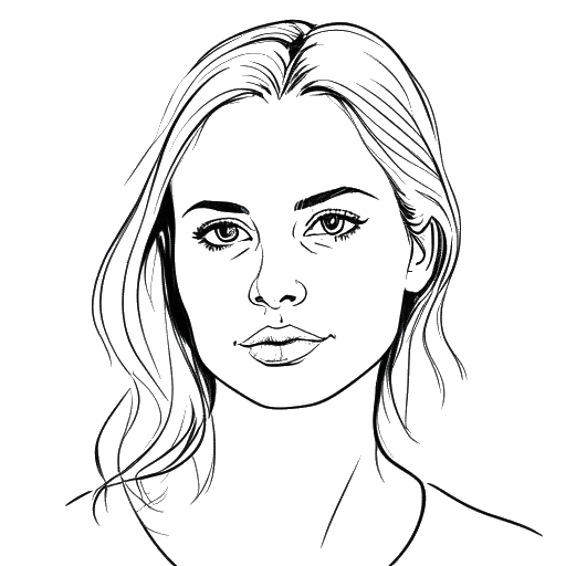 Line art drawing of a woman with blonde hair and dark brown eyes, representing Katie Sigmond.
