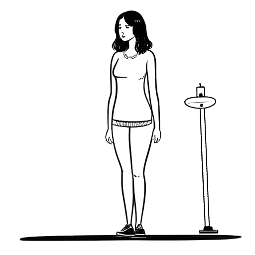Line art drawing of a woman standing next to a measuring tape and scale, representing Katie Sigmond's height and weight.