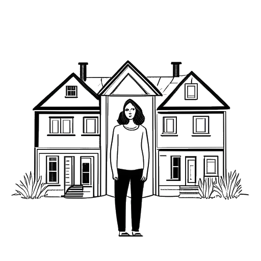 Line art drawing of a woman, representing Katie Sigmond, standing between two houses labeled Not a Content House and Clubhouse.