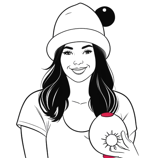 Line art drawing of a woman, representing Katie Sigmond, holding a Santa hat and Christmas ornaments with the OnlyFans logo in the background.