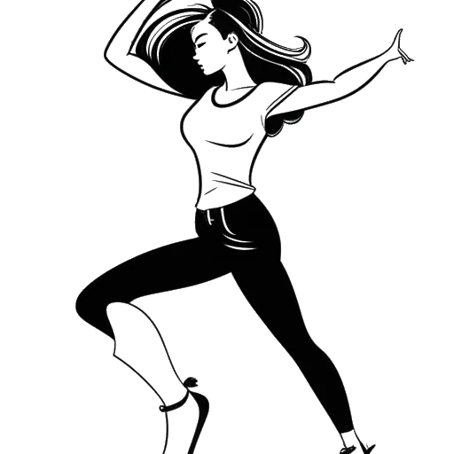 Line art drawing of a woman, representing Katie Sigmond, dancing and lip-syncing with the TikTok logo in the background.