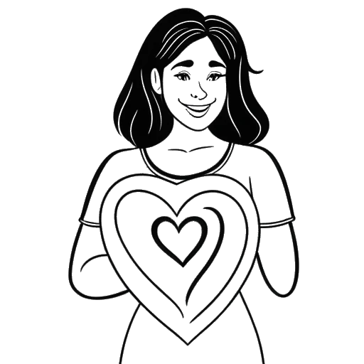 Line art drawing of a woman, representing Katie Sigmond, holding a large heart with the TikTok logo in the background.