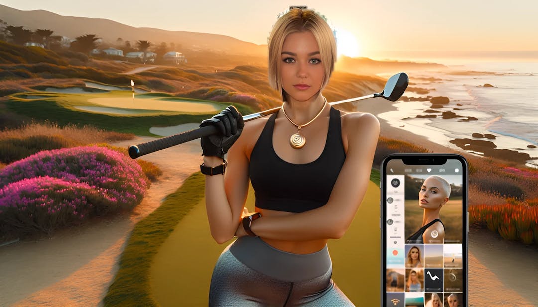 Katie Sigmond, gekleed in sportkleding, met op de achtergrond een golfbaan, houdt een golfclub vast en heeft een smartphone geopend naar TikTok.