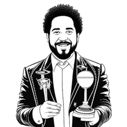 A black and white line art drawing of Adel Tawil holding multiple music awards, with charts and music notes in the background, symbolizing his successful career.